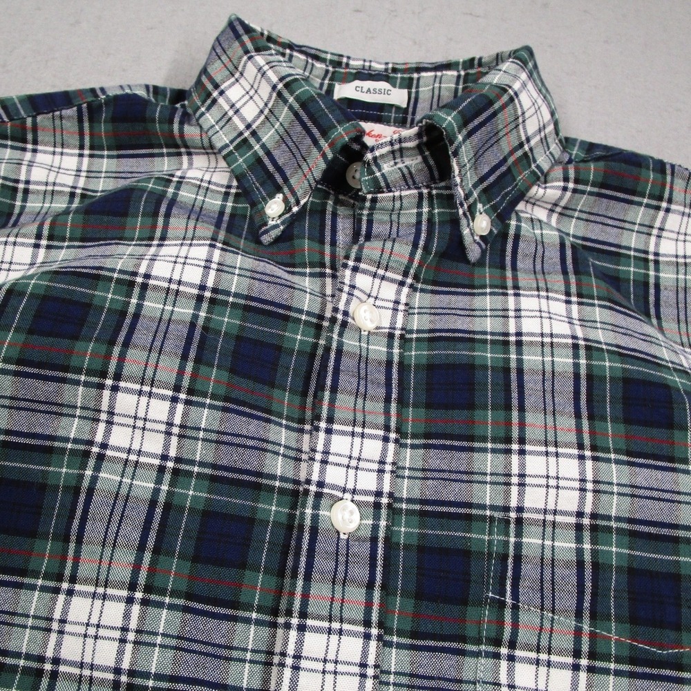 J.Crew Mens Broken-In Oxford Shirt Green Navy Plaid Organic Cotton BE996 Oars - Picture 2 of 12